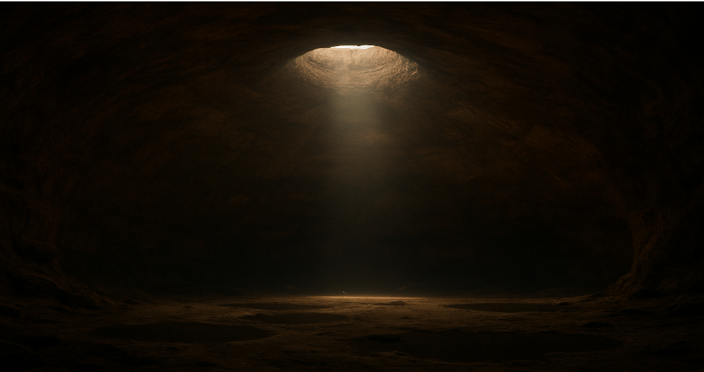 View of the Chamber, a dimly lit dome with an occulus of light shining through, and pools of water on the ground.