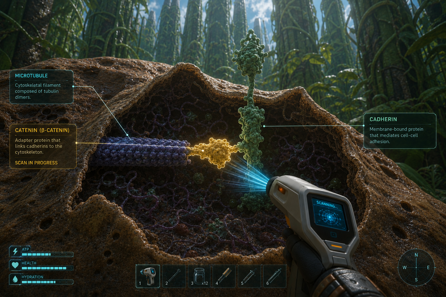 Player is scanning proteins inside of a dead leaf, explicitly showing how the proteins are used.