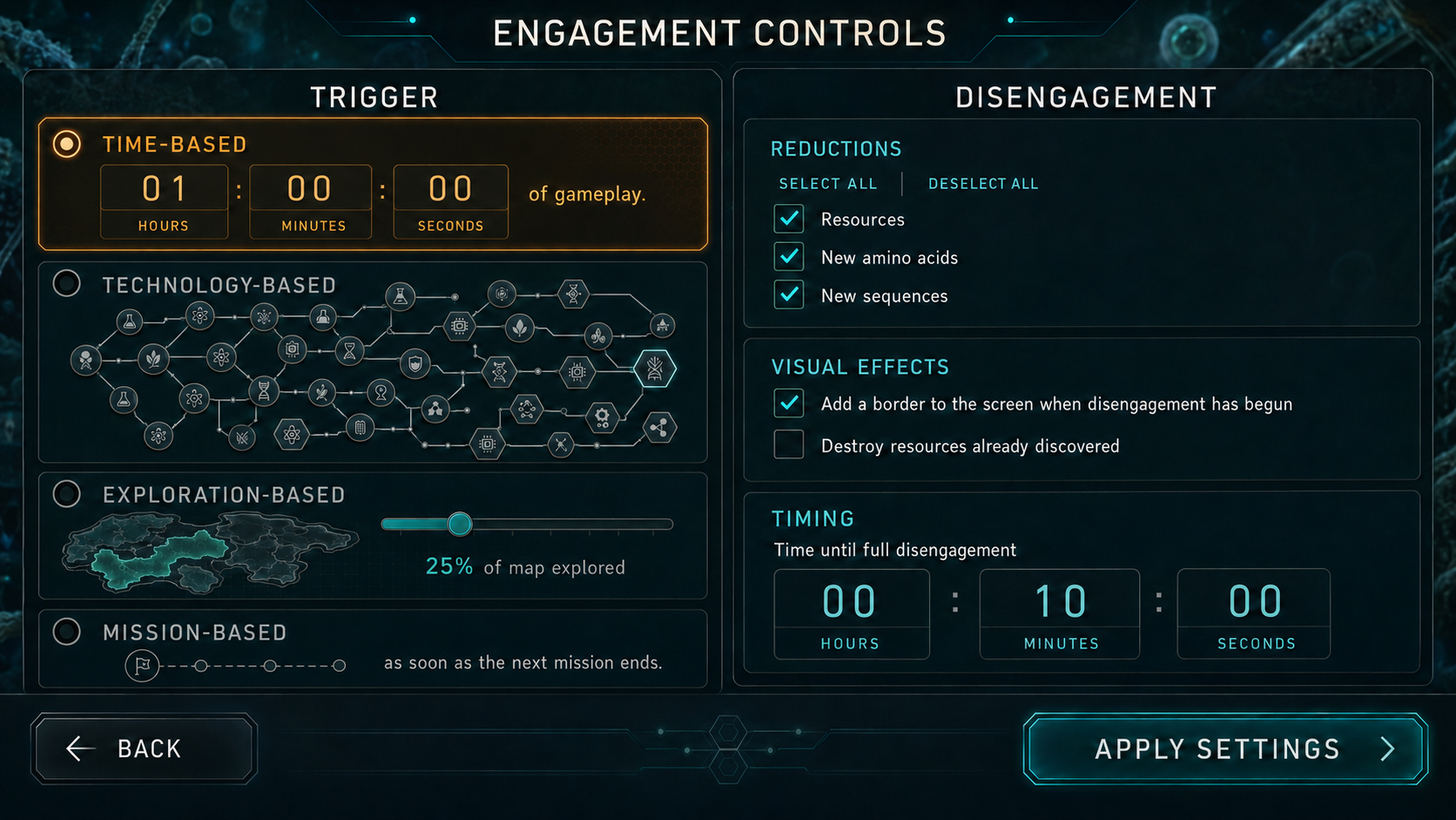 Game settings screen that allows a user to control how long the engagement effects last.