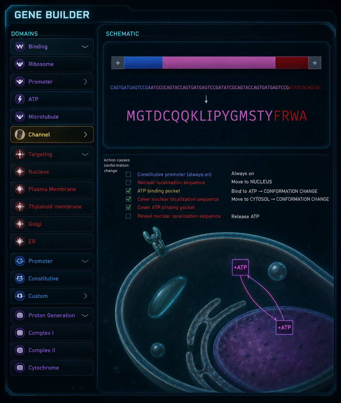 In game screen showing how to build a new gene by selecting gene components.