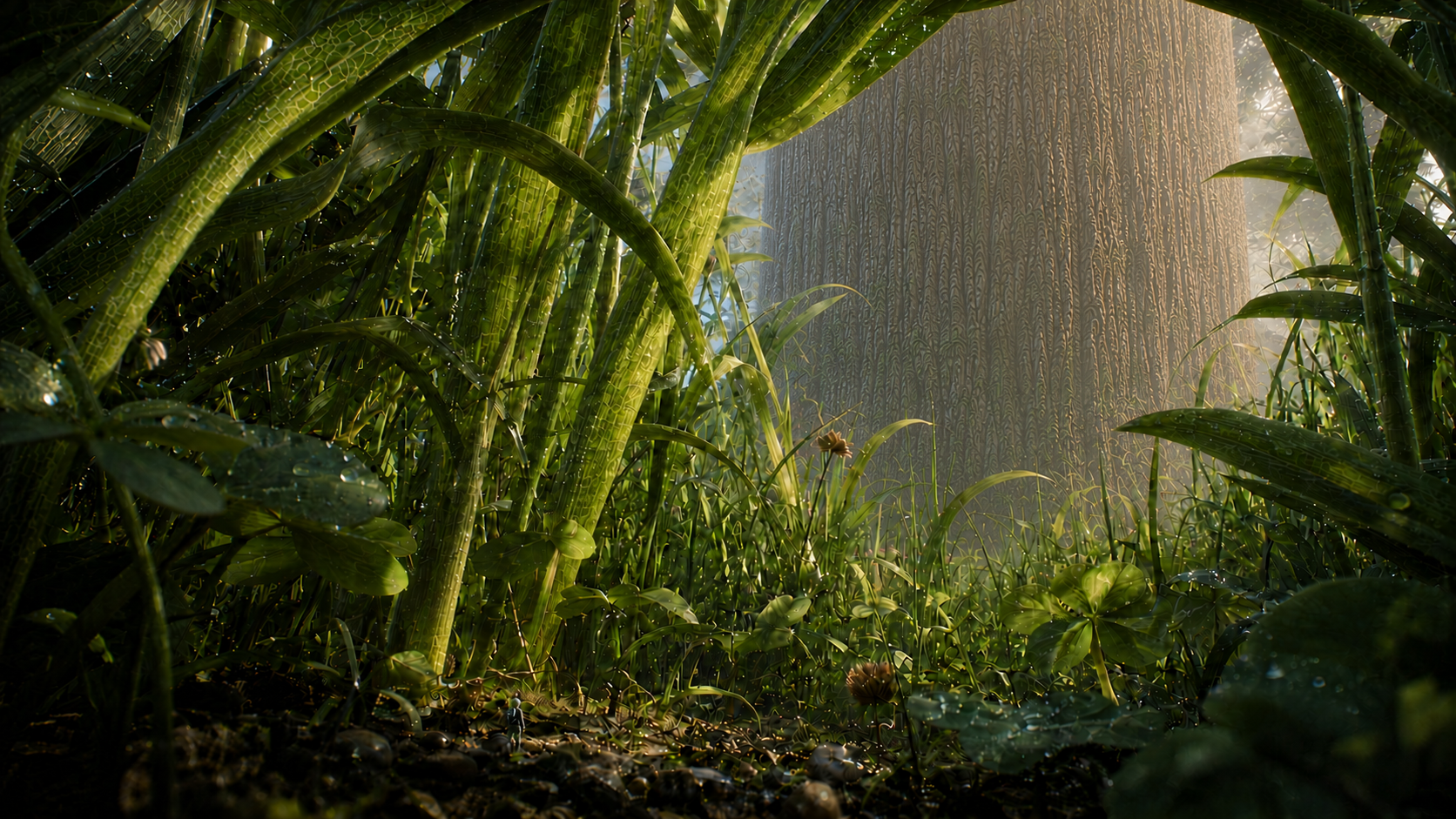Fungal Zone concept art; the player is larger now, but still tiny compared to the mushroom they are walking on, and the enormous slug beneath it.