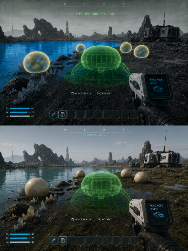 Concept art for showing hydrophobicity in the game. A scene in which the player is placing a vesicle near a pool of water is seen without the visor on (bottom), and with the visor on (top).